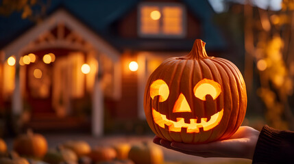 Fototapeta premium Halloween pumpkin lantern in womans hand. AI generated image