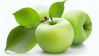 Green granny smith apples hang on branch with green leaves isolated on white background. - obrazy, fototapety, plakaty