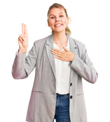 Young beautiful blonde woman wearing elegant jacket smiling swearing with hand on chest and fingers...