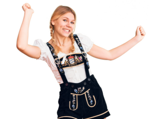 Young beautiful blonde woman wearing oktoberfest dress dancing happy and cheerful, smiling moving casual and confident listening to music