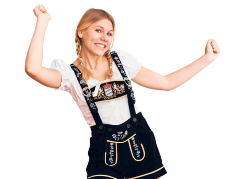 Young beautiful blonde woman wearing oktoberfest dress dancing happy and cheerful, smiling moving casual and confident listening to music - Powered by Adobe
