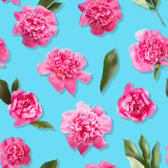 Seamless pattern of pink peony flowers on turquoise blue color background