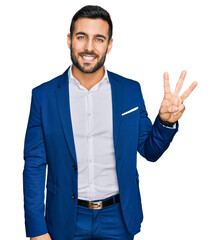 Young hispanic man wearing business jacket showing and pointing up with fingers number three while smiling confident and happy. - obrazy, fototapety, plakaty