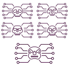 Human skull in digital.Concept of network security Computer virus attack icon.Cyber attack alert Icon.Hacker skull.Malware outline vector illustration.Isolated on white background.