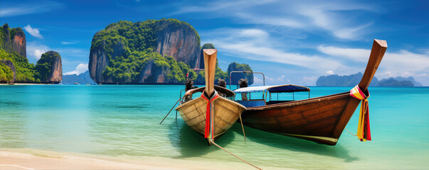 Traditional wooden longtail boat and Thailand. Beach and sand in Krabi province.
