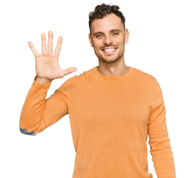 Young hispanic man wearing casual clothes showing and pointing up with fingers number five while smiling confident and happy.
