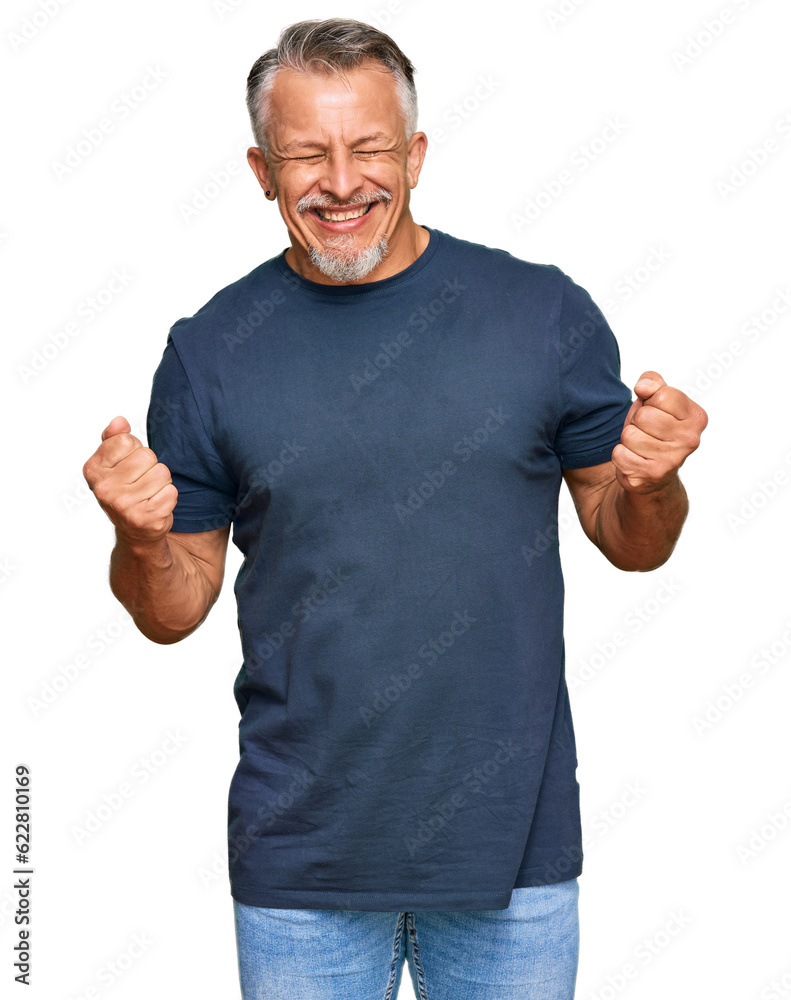 Poster Middle age grey-haired man wearing casual clothes very happy and excited doing winner gesture with arms raised, smiling and screaming for success. celebration concept.