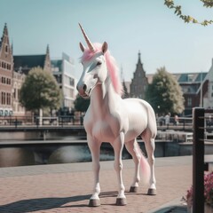 Obraz na płótnie Canvas Unicorn in Amsterdam made with generative ai 