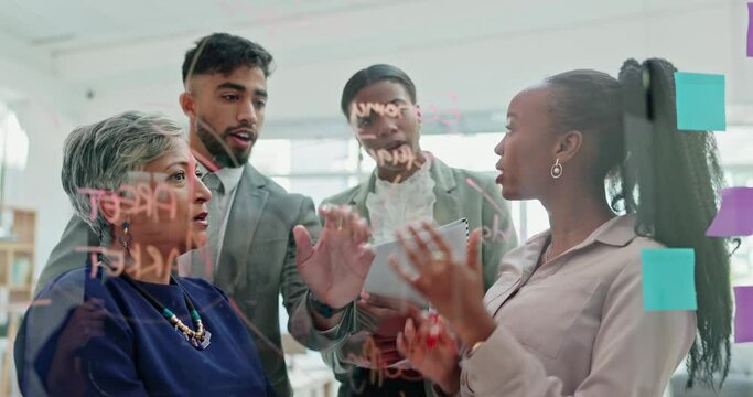 Glass, brainstorming and business people planning, teamwork and schedule managment or workflow notes. Creative questions, african manager and women with mindmap ideas, solution and meeting focus