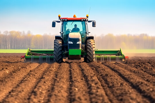 Tractor with a roller tillage on spring field. Soil rolling supports germination and is the basis for good harvesting, organic farming and agronomy