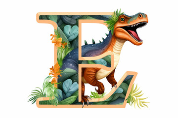 Colorful dinosaur letter E for kids isolated on white background, funny cartoon dino alphabet, creative font design for children education in school, preschool and kindergarten. Generative AI.