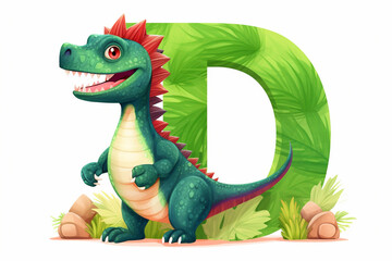 Colorful dinosaur letter D for kids isolated on white background, funny cartoon dino alphabet, creative font design for children education in school, preschool and kindergarten. Generative AI.