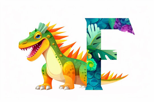 Colorful dinosaur letter F for kids isolated on white background, funny cartoon dino alphabet, creative font design for children education in school, preschool and kindergarten. Generative AI.