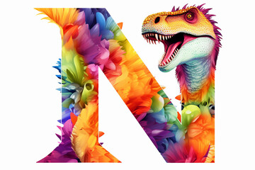 Colorful dinosaur letter N for kids isolated on white background, funny cartoon dino alphabet, creative font design for children education in school, preschool and kindergarten. Generative AI.