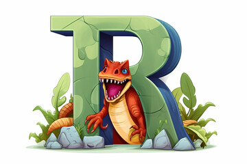 Colorful dinosaur letter R for kids isolated on white background, funny cartoon dino alphabet, creative font design for children education in school, preschool and kindergarten. Generative AI.