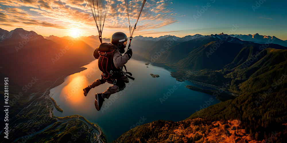 Wall mural skydiver flying over water during sunset with mountains