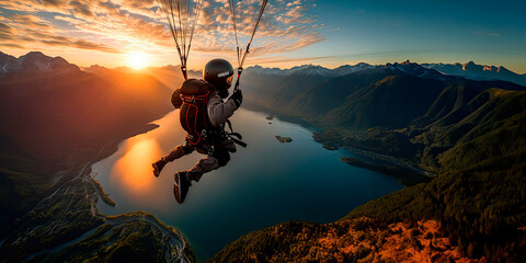 Skydiver flying over water during sunset with mountains - obrazy, fototapety, plakaty