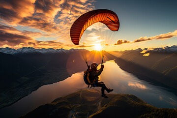 Skydiver flying over water during sunset with mountains