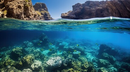  a large group of fish swimming over a coral reef in the ocean.  generative ai