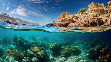 an underwater view of a coral reef with a mountain in the background.  generative ai