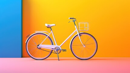  a white bicycle is standing in front of a yellow and blue wall.  generative ai