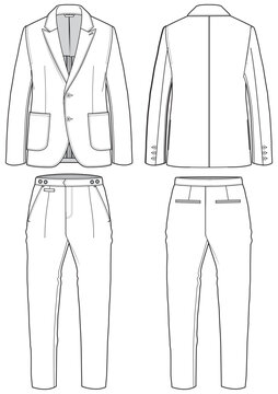 Men's Single  breast notch lapel Blazer Jacket full suit with formal trouser pants flat sketch fashion illustration technical drawing with front and back view