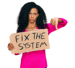 Middle age african american woman holding fix the system banner cardboard with angry face, negative sign showing dislike with thumbs down, rejection concept