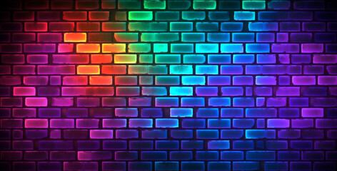 brick wall pattern background with colorful futuristic neon lights. generative ai