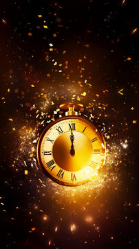 Happy New Year countdown. Clock and fireworks, lights and bokeh effect. Golden clock on dark festive background with сopy space. Generative AI.