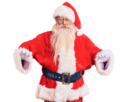 Old senior man with grey hair and long beard wearing traditional santa claus costume pointing down looking sad and upset, indicating direction with fingers, unhappy and depressed.