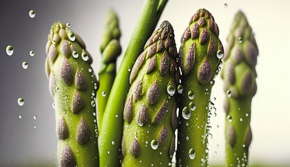 Close-up of fresh asparagus with water drops.Generative AI
