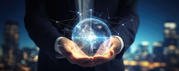 Businessman holding in his hands lightbulb on blue bokeh background , innovation concept.