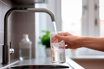 Close up of a man hand filling a glass of water directly from the tap. Filling glass of water from the tap at home.