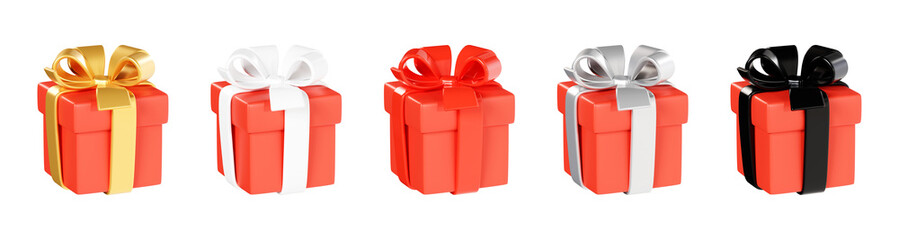 Red gift box with various ribbon and bow 3d illustration collection - closed present packages.