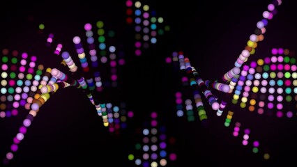 Colorful dots spinning in dna structure in black background. Neon lights glowing in rotation with random color flicker. - Powered by Adobe