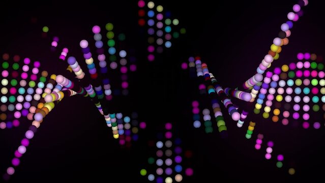 Colorful dots spinning in dna structure in black background. Neon lights glowing in rotation with random color flicker.