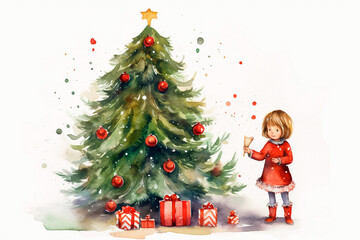 Obraz na płótnie Canvas Christmas tree cartoon with red balls and garland watercolor style on a white background. Generative AI