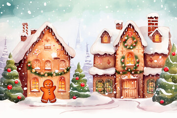  A cartoon gingerbread house  in watercolor style on a white background. Generative AI