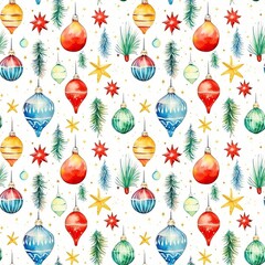 Seamless pattern with watercolor ornaments, fir tree and winter holiday decoration. Toys, stars and snowflakes. Watercolor christmas winter theme. Design of cards, covers, flyers