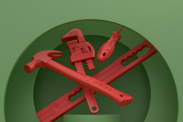 Abstract scene or podium with carpenters tools on monochrome background