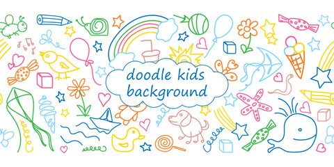 Fototapeta na wymiar Kids doodle background. Border template with children's colorful drawings. Outline drawn cartoon elements. Endless horizontal pattern
