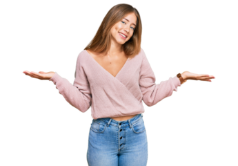 Beautiful blonde woman wearing casual winter pink sweater smiling showing both hands open palms, presenting and advertising comparison and balance