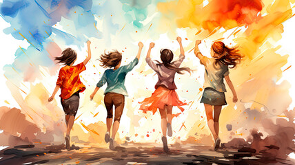 happy teenagers running watercolor illustration generative ai - obrazy, fototapety, plakaty
