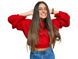 Beautiful hispanic woman wearing casual clothes relaxing and stretching, arms and hands behind head and neck smiling happy