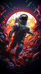 Fototapeta na wymiar Wall art in dark colors themed Astronaut, colorful painting