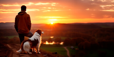 Naklejka na ściany i meble A man with a dog at sunset. Walk with a pet.