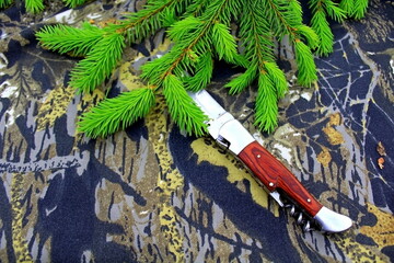 Equipment for outdoor travel on camouflage fabric with branches of coniferous trees