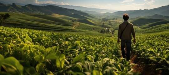 Fototapeta premium Under the golden hour light, the farmer navigates the vast cornfield. Generative AI