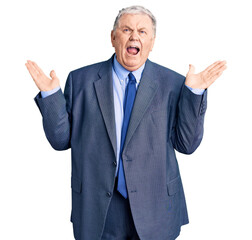 Senior grey-haired man wearing business jacket celebrating mad and crazy for success with arms raised and closed eyes screaming excited. winner concept