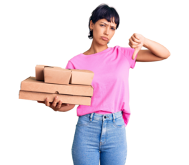 Young brunette woman with short hair holding take away food with angry face, negative sign showing dislike with thumbs down, rejection concept
